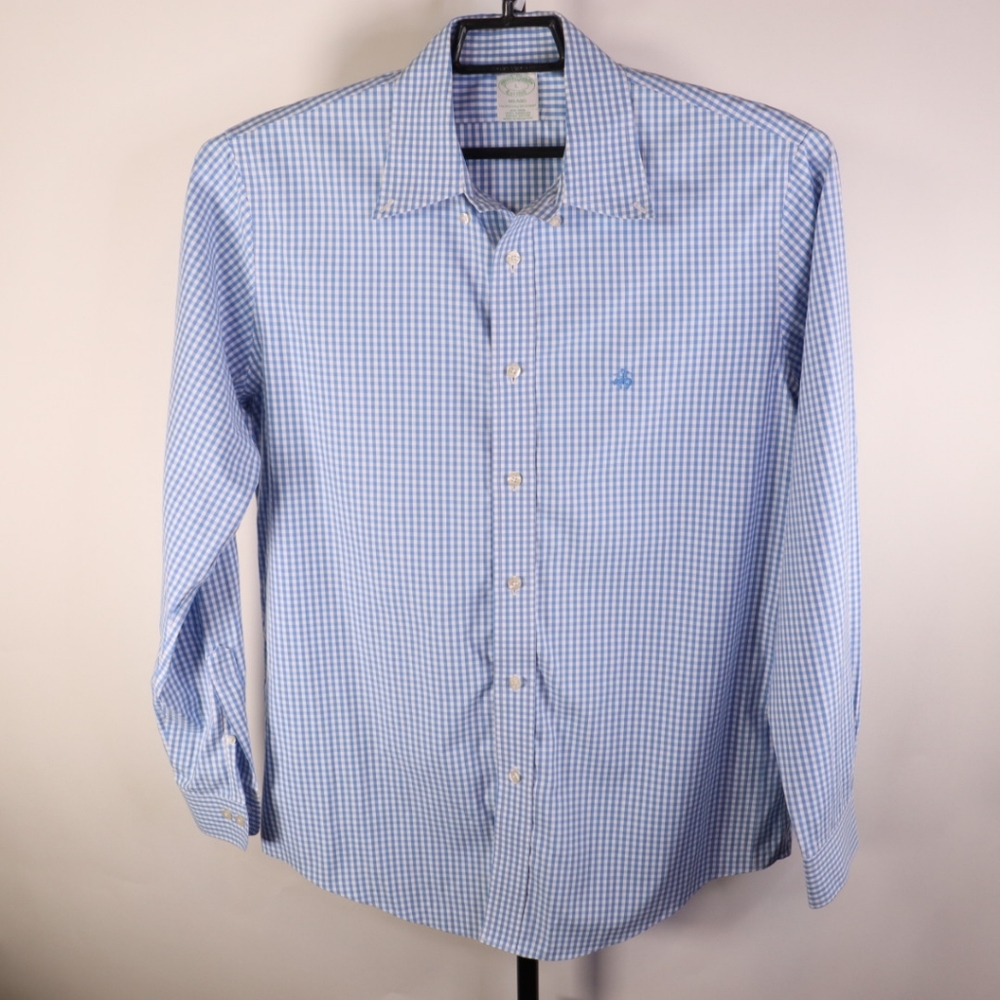 Brooks Brothers Milano Long Sleeve Dress Shirt Blue White Checkered Size L